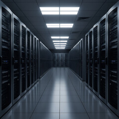 Server Room Interior with Rows of Racks and Fluorescent Lighting Technology Concept