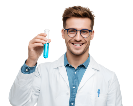 a smiling young male scientist holding a test tube with a blue liquid, against a transparent background