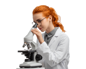a young female scientist looking through her microscope, transparent background, png