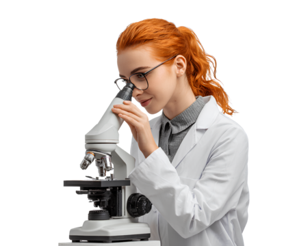  a young female scientist looking through her microscope, transparent background, png