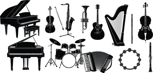 Musical instruments collection, piano, violin, saxophone, trumpet, guitar, harp, flute, drum set, accordion, tambourine, clarinet, classical music, band  © Maisa
