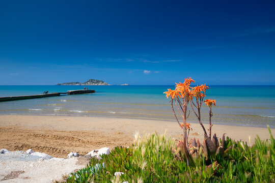 Sandy beach and sea view in the tiny village of Arillas on the west coast of the Greek island of Corfu, background or wallpaper for your project