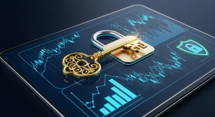 Digital security concept Golden key and padlock on a tablet screen with financial graphs, symbolizing secure data, online transactions, and robust cybersecurity for modern tech