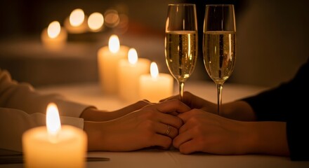 Romantic candlelight dinner for two with champagne glasses and hands holding