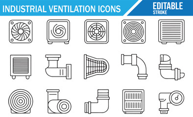 Vector icons of ventilation equipment with pipes and filters line artwork
