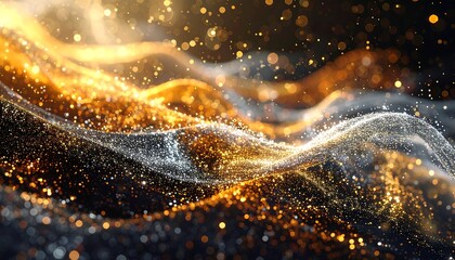 Abstract gold and silver particles flowing over dark background