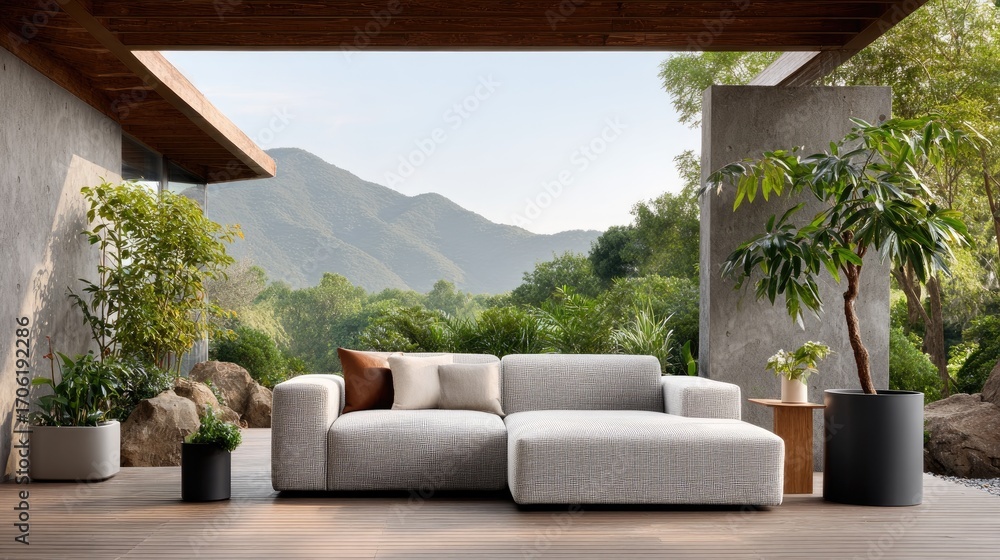 Poster sunlight streams through large windows, highlighting a chic velvet sofa with elegant cushions in a s