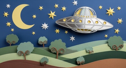 Whimsical night scene with ufo and stars in paper art style