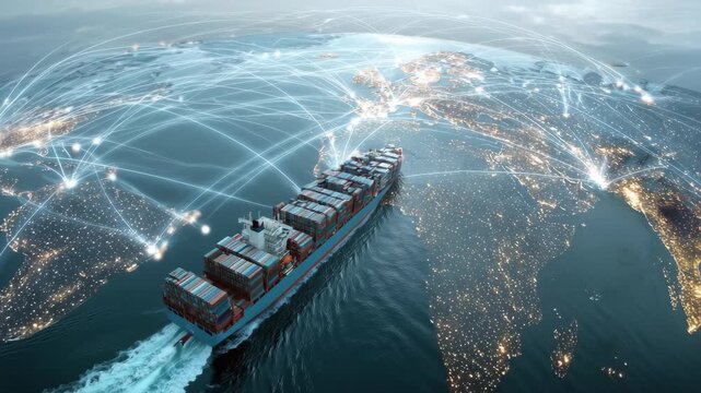 Visualizing digital globalization through interconnected trade routes across major continents and countries using a cargo ship on vast ocean