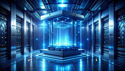 Futuristic server room with glowing blue energy core, AI, data, and quantum computing.
