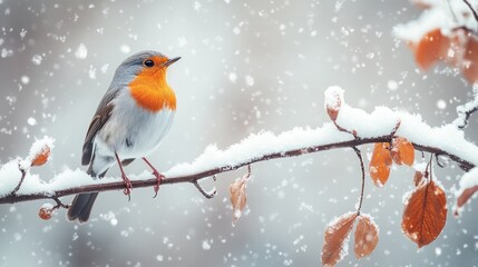 Snowy robin perched on branch