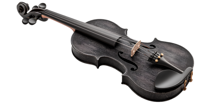 black violin with bow isolated on a white background, detailed photograph, png