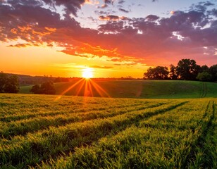 Vibrant golden sunset illuminates lush green fields and rolling hills.