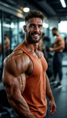 Fototapeta premium Male bodybuilder in gym, smiling, with blurred workout background