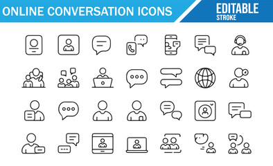 Editable stroke line icons of online messaging and virtual communication