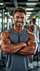 Fototapeta premium Male bodybuilder in gym, smiling, with blurred workout background
