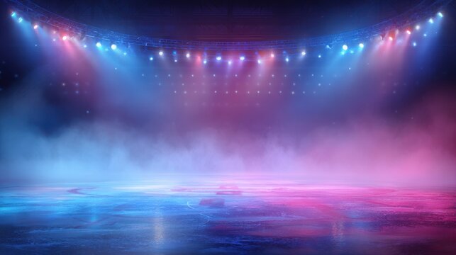 Stunning photo of ice Rink Background. Professional Arena illuminated blue, pink neon lights, spotlights with smoke. Copyspace. Winter poster for hockey competitions. Ice.