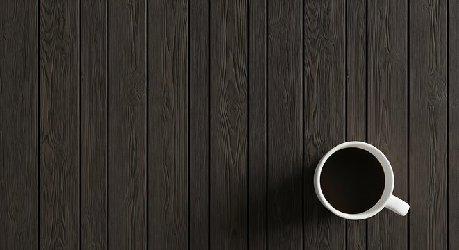 Overhead view of a white coffee cup on a dark wooden table
