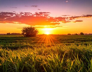 Warm sunburst over a fresh green meadow at golden hour. Serene landscape.