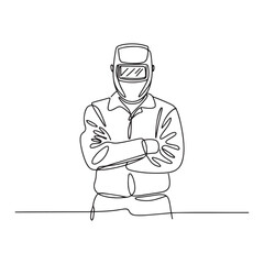 Continuous one line Art drawing of young male welder wearing mask posing crossed arms on chest. Professional job profession minimalist concept. with white background