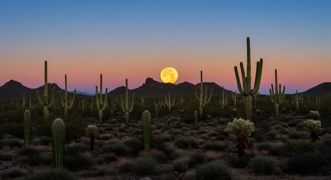 Desert sunset with moon and saguaro cacti - Powered by Adobe