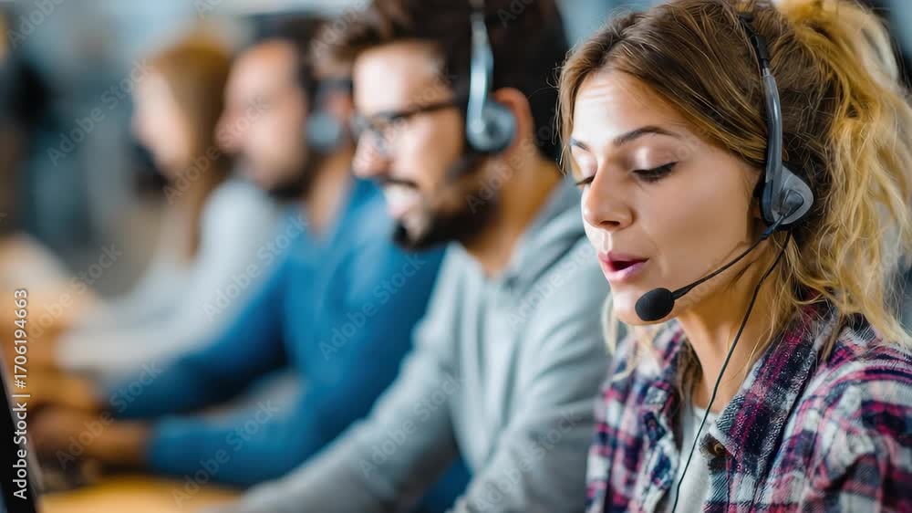 Poster smiling call center team engaged in lively conversations while providing customer support in a vibra