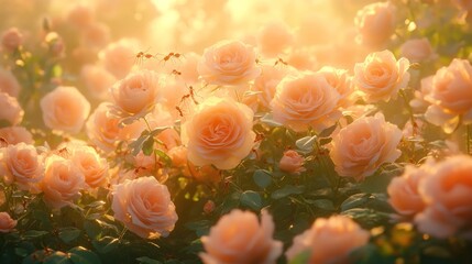 Soft, peachy roses in a sunlit garden