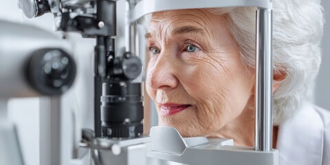 Senior Woman Receiving Eye Exam with Slit Lamp in Ophthalmology Clinic