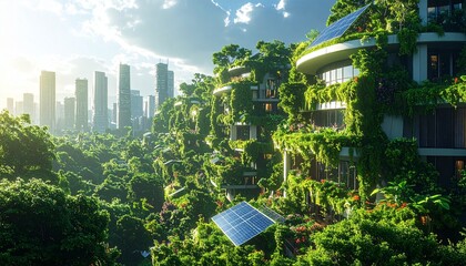 Sustainable urban future: green buildings, vertical gardens, solar panels.