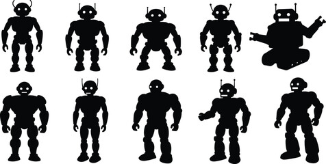 Robot silhouettes collection, futuristic android icons, artificial intelligence vector art, sci-fi mechanical characters, retro robotic designs, technology elements, black modern robotics illustration