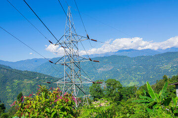 High voltage electric transmission pole carrying electrical power to Rinchenpong monastery, Sikkim, India