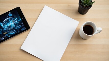 a4 brochure mockup, closed, resting next to a modern tablet showing abstract data visualization and a white coffee cup on light oak table, office environment concept.