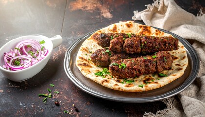 Authentic grilled Seekh Kebabs on fresh naan bread, served with red onion salad.
