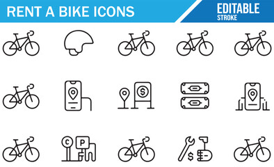 Urban mobility icons bicycle rent payment location and parking line design