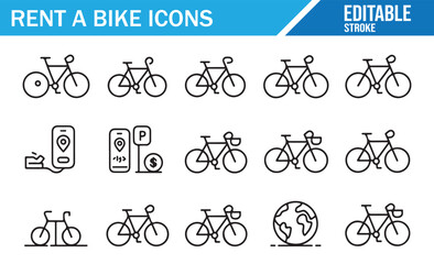Transport icons for bike rent service outline style vector illustration
