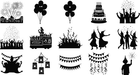Party celebration silhouette vector set with fireworks, balloons, dancing, cake, confetti, garlands, perfect for event, holiday, festive design