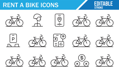Black and white vector icons of bike rental and urban commute editable stroke