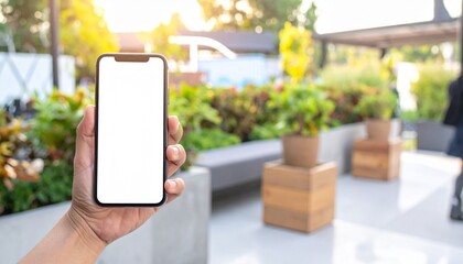 Hand holds smartphone with blank screen against blurred sunny outdoor garden. Perfect for app mockups and UI/UX.