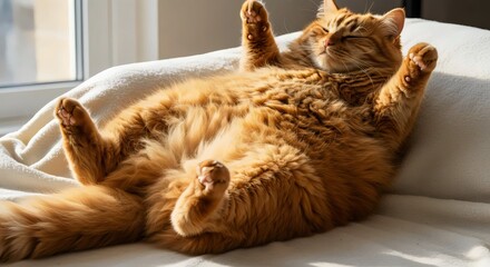 Funny fat orange tabby cat lying on back with relaxed happy face