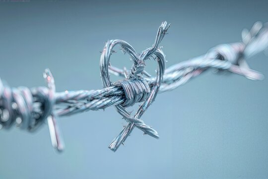 Una espiral de alambre de p&uacute;as entrelazada en forma de coraz&oacute;n contra un cielo azul turquesa.