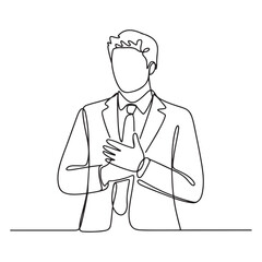 Single continuous line Art drawing of young Arabian businessman pose standing with hands on chest. with white background