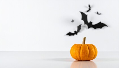 Single mini pumpkin with spooky bat decorations on a clean white background.