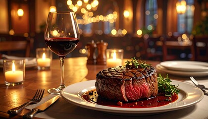 a perfectly cooked steak on a plate with sauce, accompanied by a glass of red wine, candles, and cutlery, all set in a dimly lit restaurant. The scene evokes a fine dining experience