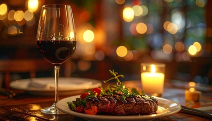 a fine dining experience with a steak, vegetables, and a glass of red wine. The ambiance is warm and inviting, with a lit candle and blurred background lights