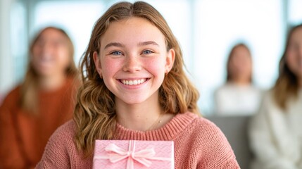 Smiling Girl Holding Gift Box
