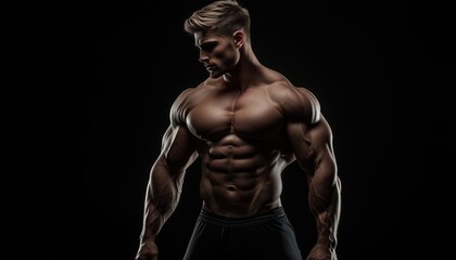 Toned And Athletic Male Fitness Model Flexing Muscles In Stylish Studio Photoshoot Against Black Background. Studio Shot.