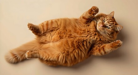 Chubby fluffy tabby cat lounging on back in bright clean background