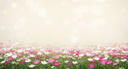 Obraz premium Field of pink and white wildflowers with bokeh lights