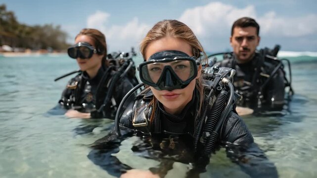 Scuba divers prepare for an underwater adventure at a tropical beach location in clear water on a sunny day