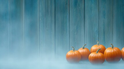 Pumpkins with Fog and Wooden Wall